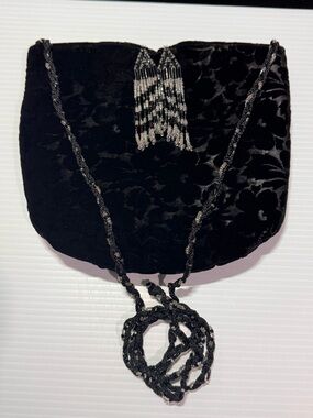 Floral Black Velvet Evening Bag with Beaded Fringe and Strap Genie
